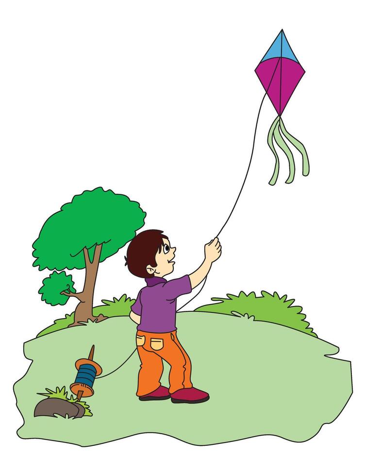 Little boy standing on the park and flying a kite vector