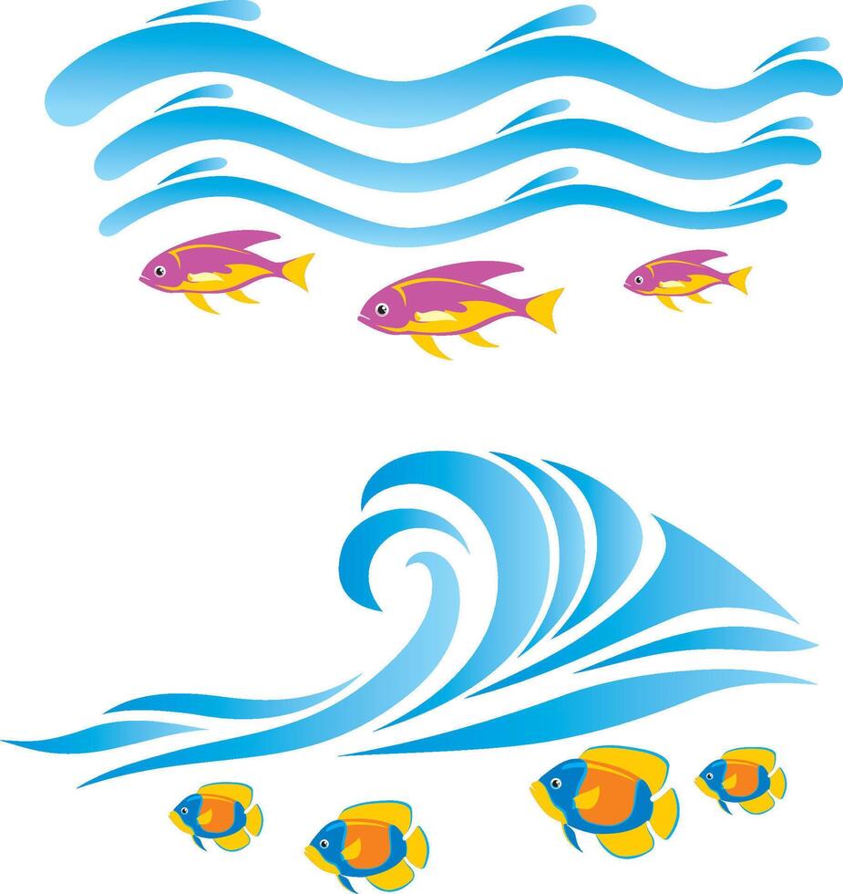 Tropical Fishes and Beach Waves Set vector