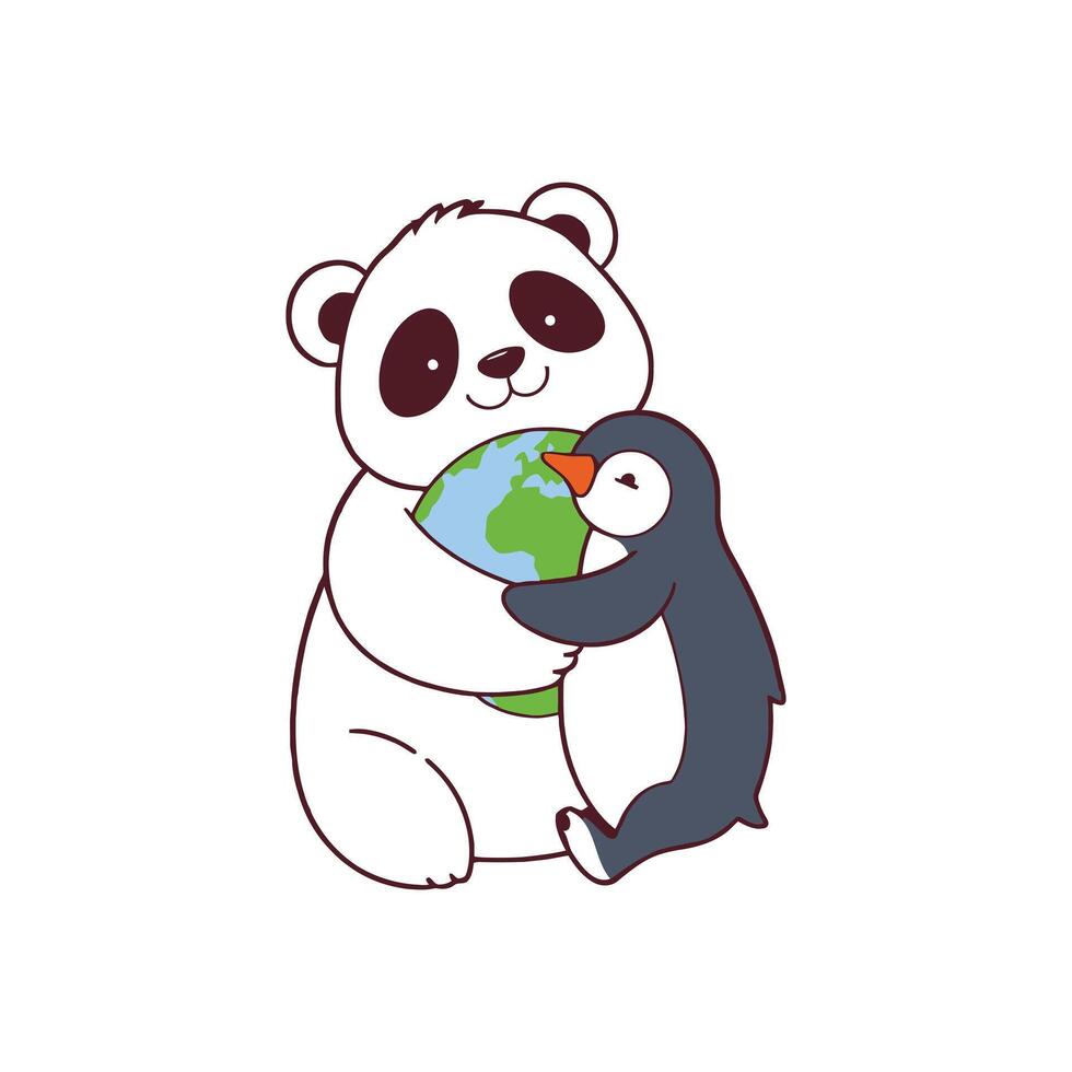 Cute Panda and Penguin Hugging Earth for Global Wildlife Conservation Illustration vector