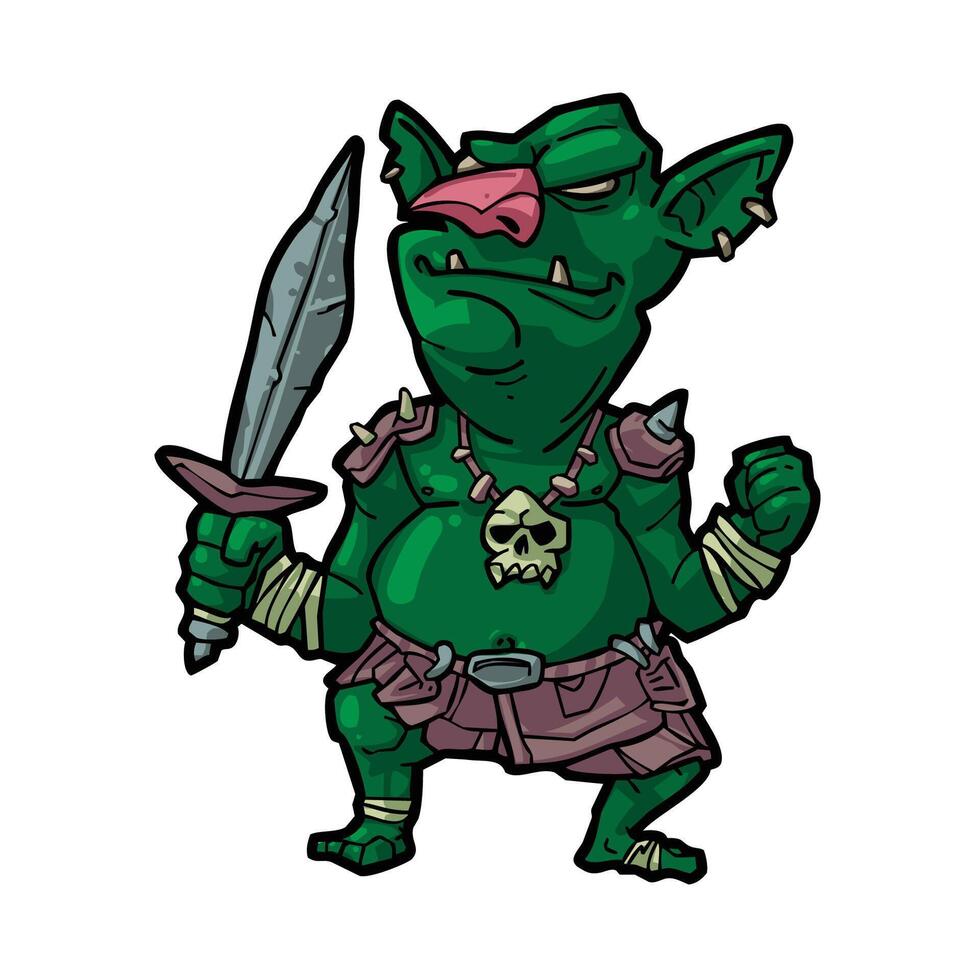 Fantasy Goblin Art Cute Yet Creepy Green Monster Character with Expressive Face vector