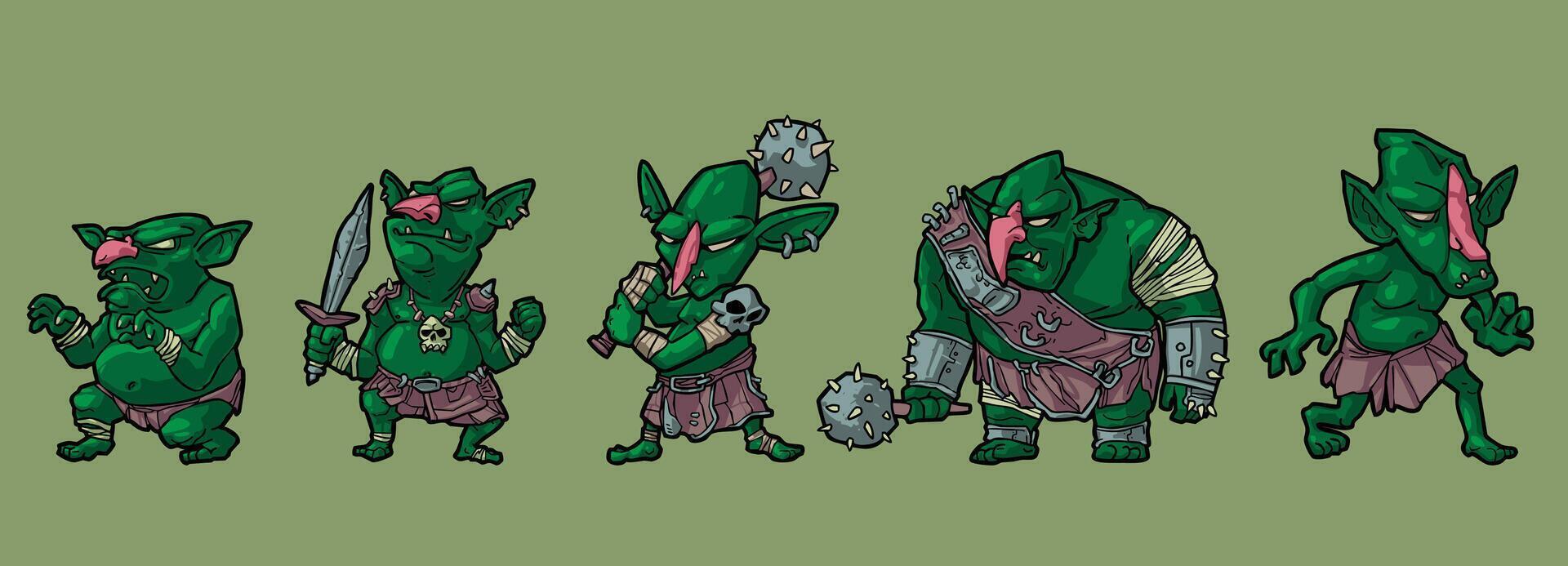 Cartoon Goblin Character Collection Funny Green Fantasy Creature with Big Ears and Sharp Teeth vector