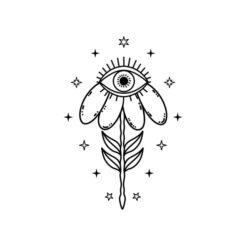 Flower with mystical eye in doodle style on white background. vector