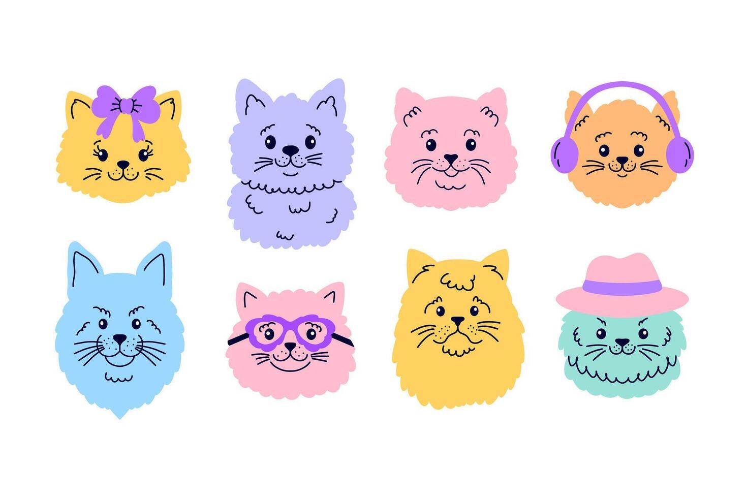 Collection of cat faces in doodle style on white background. vector