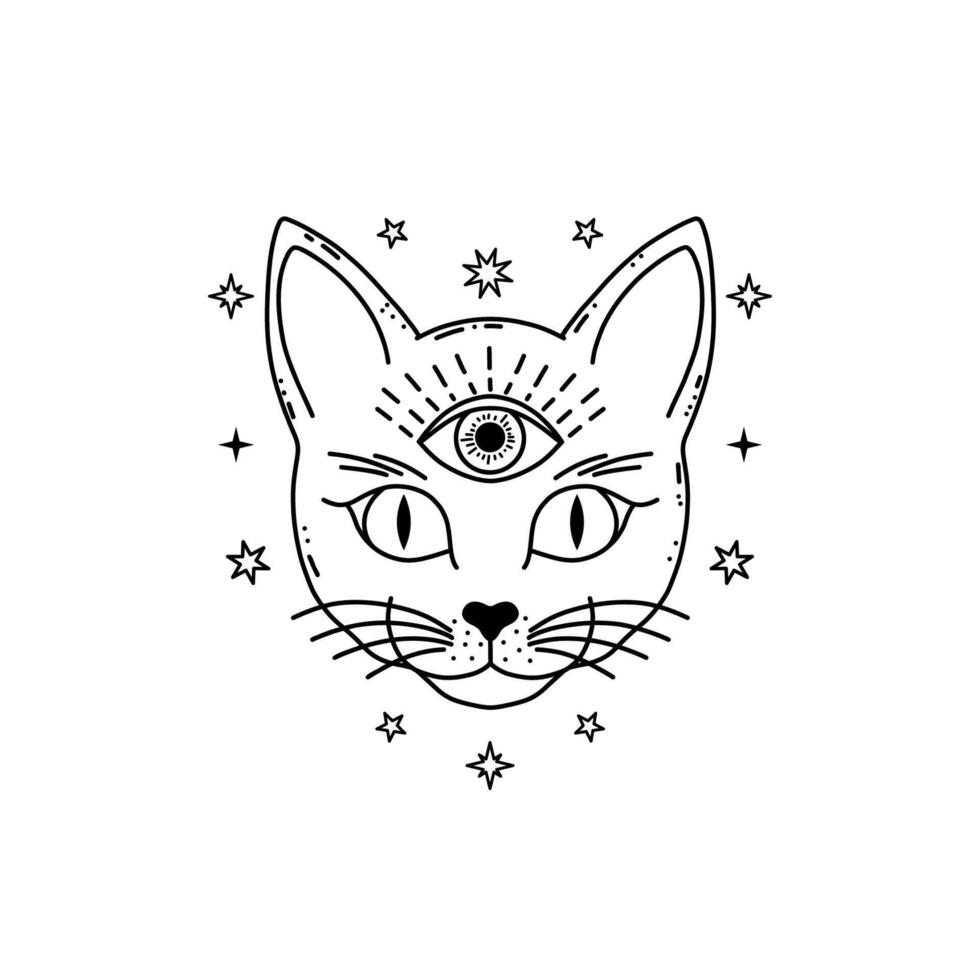 Cat with mystical eye in doodle style on white background. vector