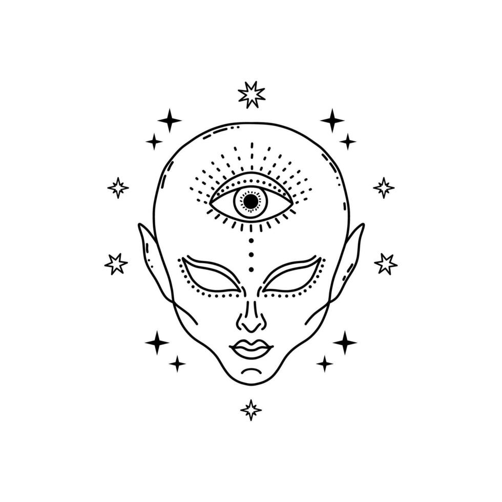 Alien face with mystical eye in doodle style on white background vector