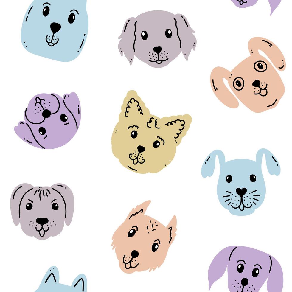 Seamless pattern with dog faces in doodle style on white background. vector