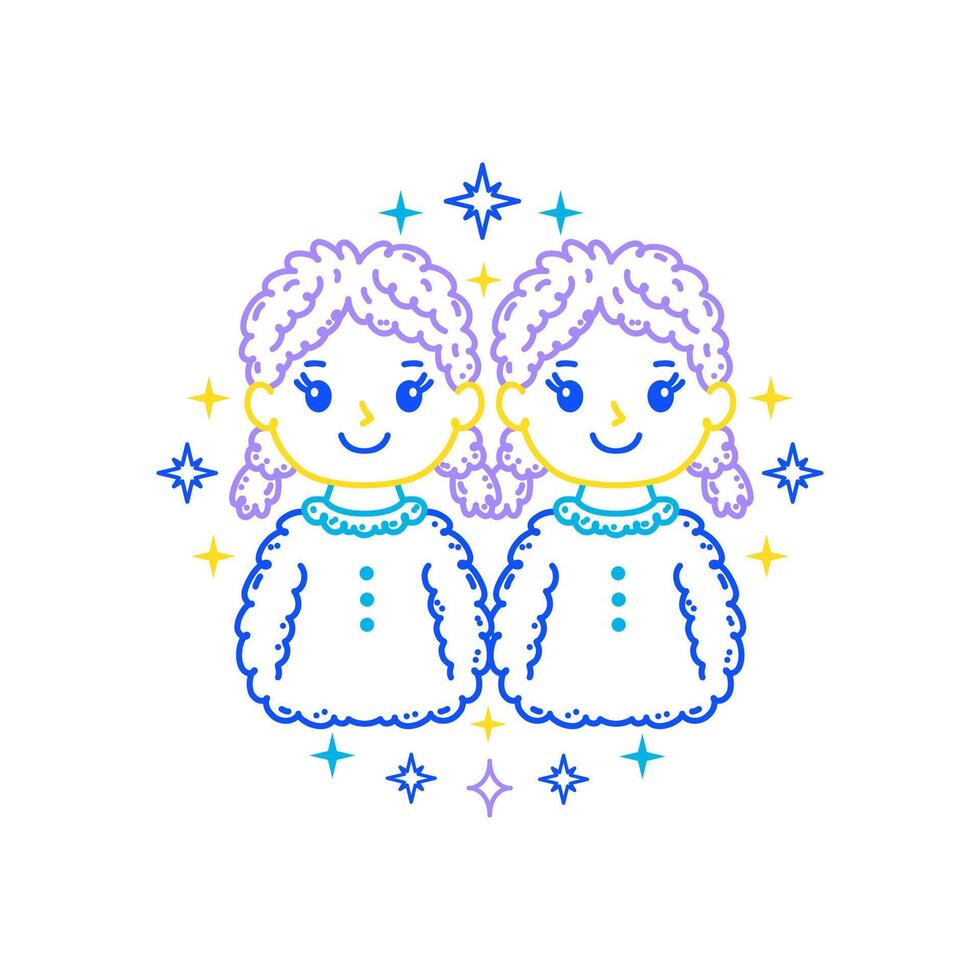 Gemini zodiac sign in doodle style with soft colors on white background, tailored for children's decor. vector
