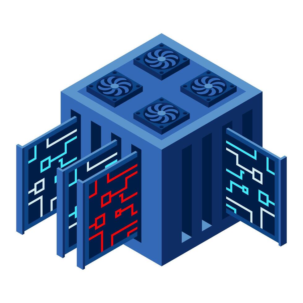 Isometric futuristic server. Isometric database or data center. Abstract blockchain. Computer storage. Cloud storage. Isometric technology. vector