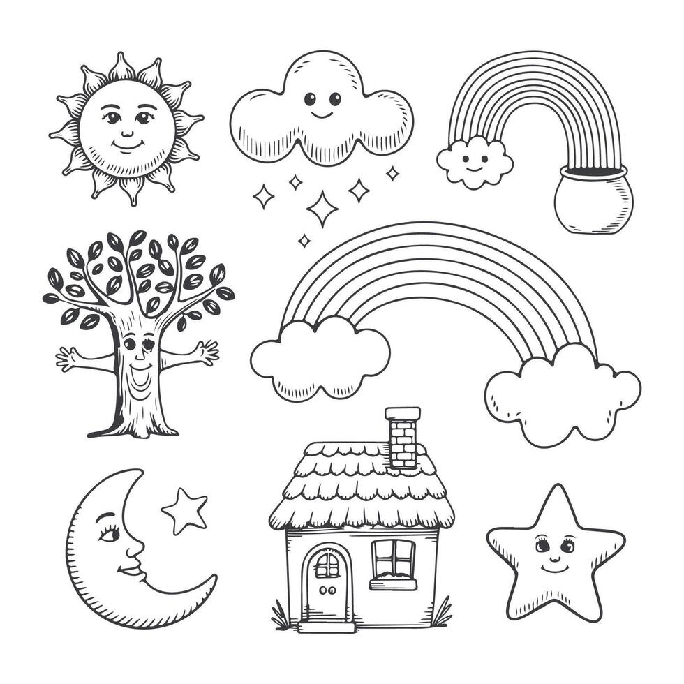 Cute cartoon nature elements sun clouds rainbows tree moon stars and house vector