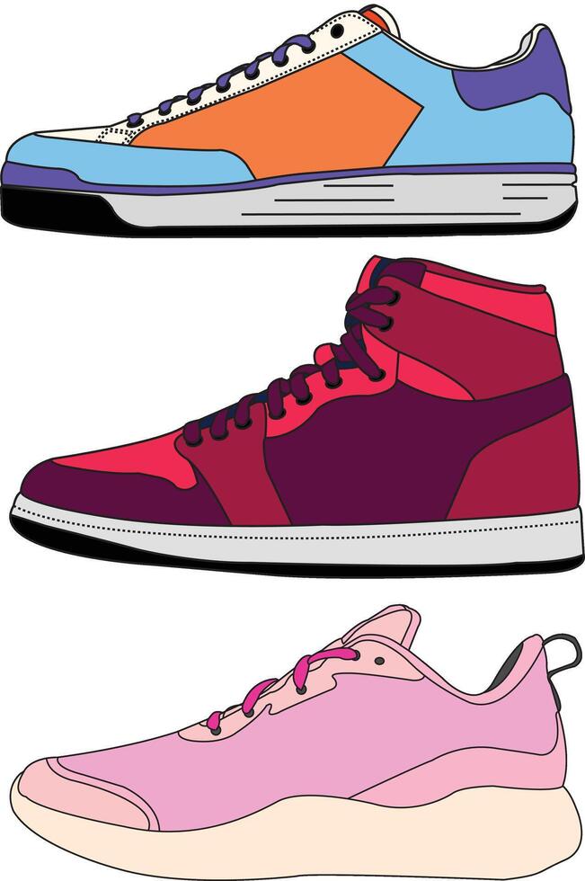 Sneakers shoes line art, Sneakers in flat style, Isolated sneakers shoes fashion, Sneakers drawing flat retro vector