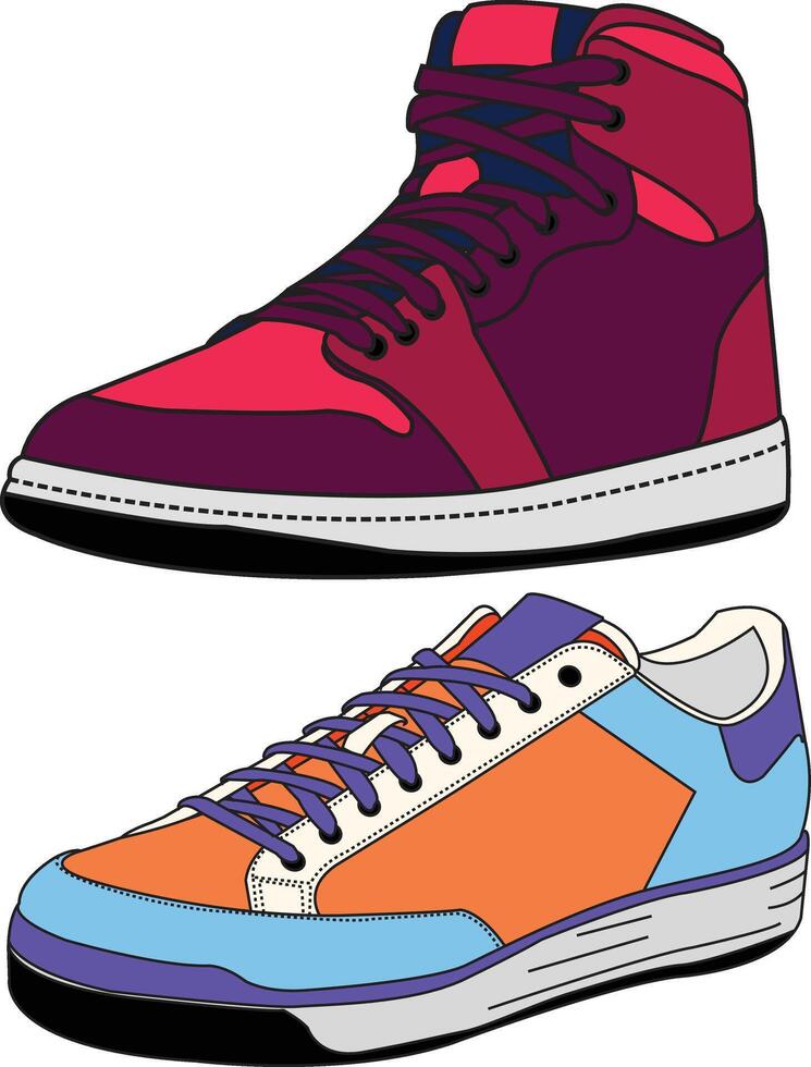Sneakers shoes, Sneakers in flat style, Isolated sneakers shoes fashion, Sneakers drawing flat retro vector