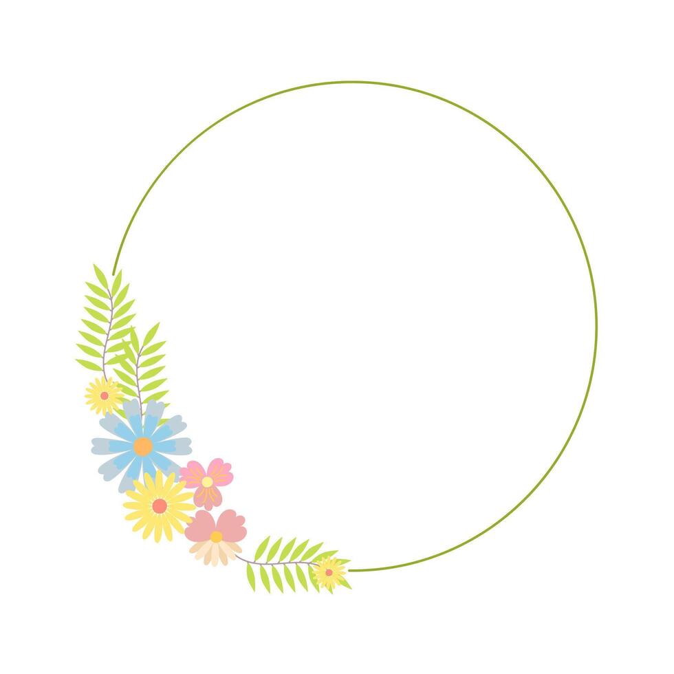 Floral wreath of decorative whimsical flowers, leaves, simple frame design element for wedding, birthday, card, background, invitation, sticker, decoration vector