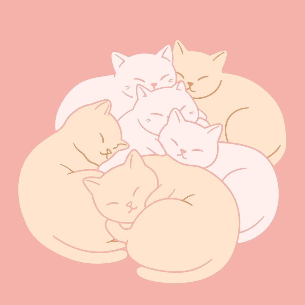 A group of cats sleeping together on a pink background vector