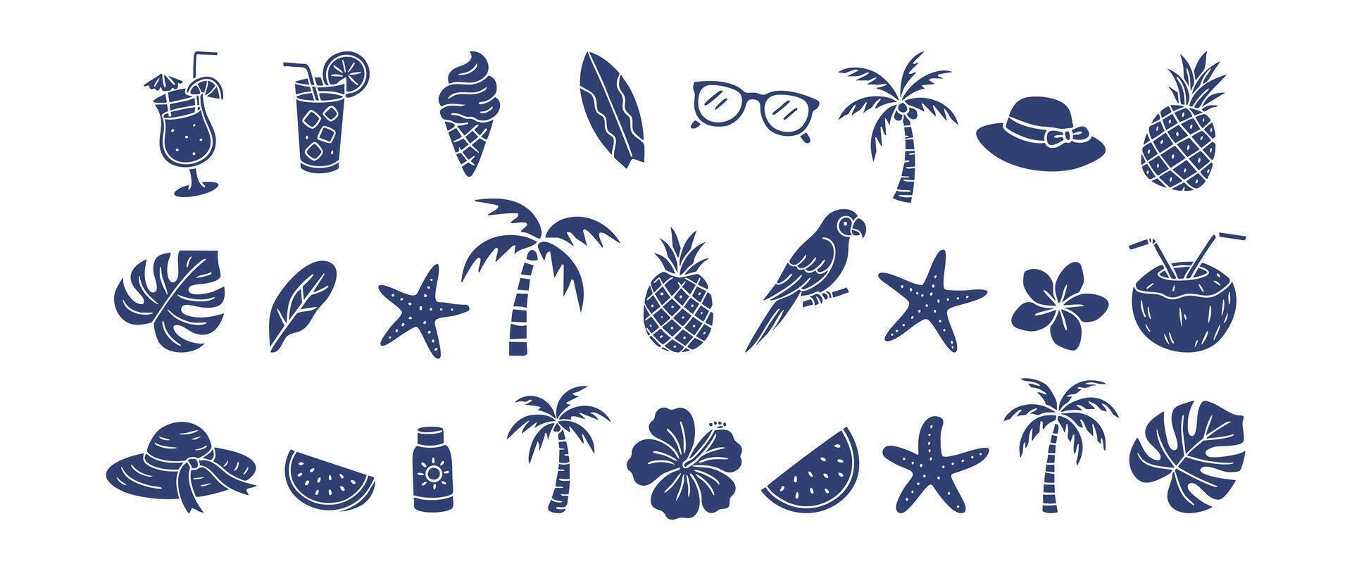Set of tropical summer icons in hand drawn silhouette style. Minimal symbols of beach drinks, palm trees, fruits, flowers, and travel items for vacation print, label, web design, and packaging vector