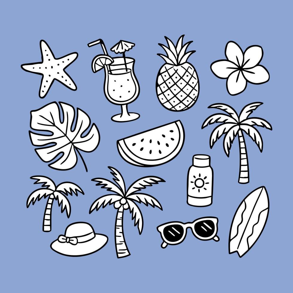 Set of hand drawn summer beach icons with tropical fruits drinks palm trees accessories and vacation elements in bold line style for stickers print web and kids design vector