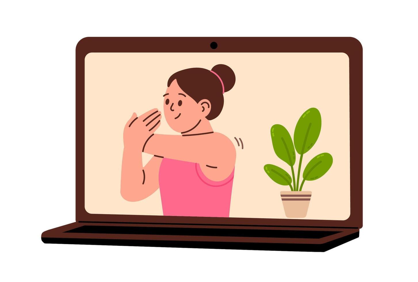 Woman stretching arm during online workout session on laptop screen with indoor plant in background vector