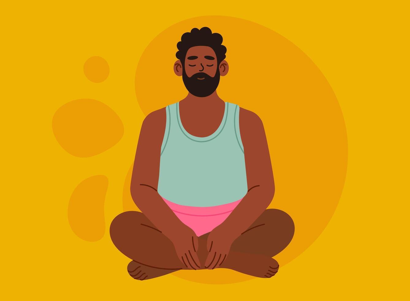 Man meditating in lotus pose on yellow background. Relaxed peaceful person sitting cross-legged with eyes closed. Concept of mindfulness, yoga, inner peace, calmness and mental health. vector