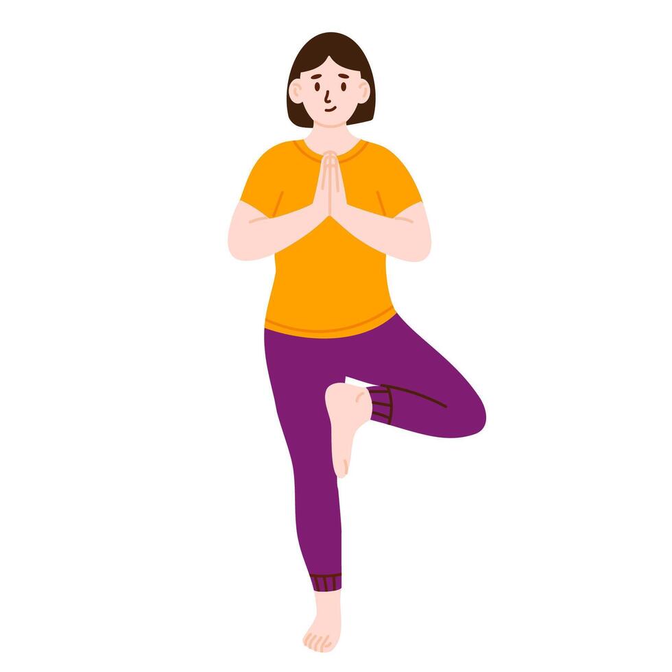 Woman balancing in yoga tree pose with hands together on white background vector