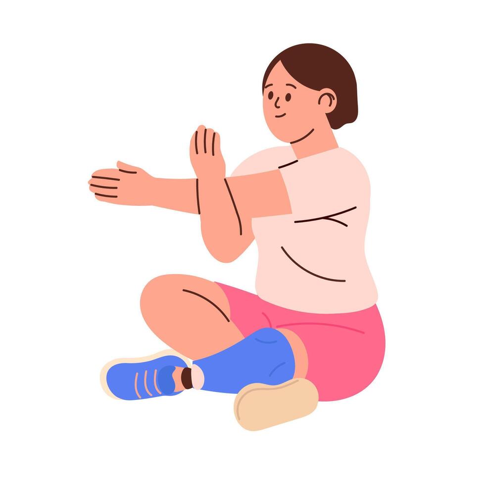 Girl with prosthetic leg stretching arms while sitting on soft background vector