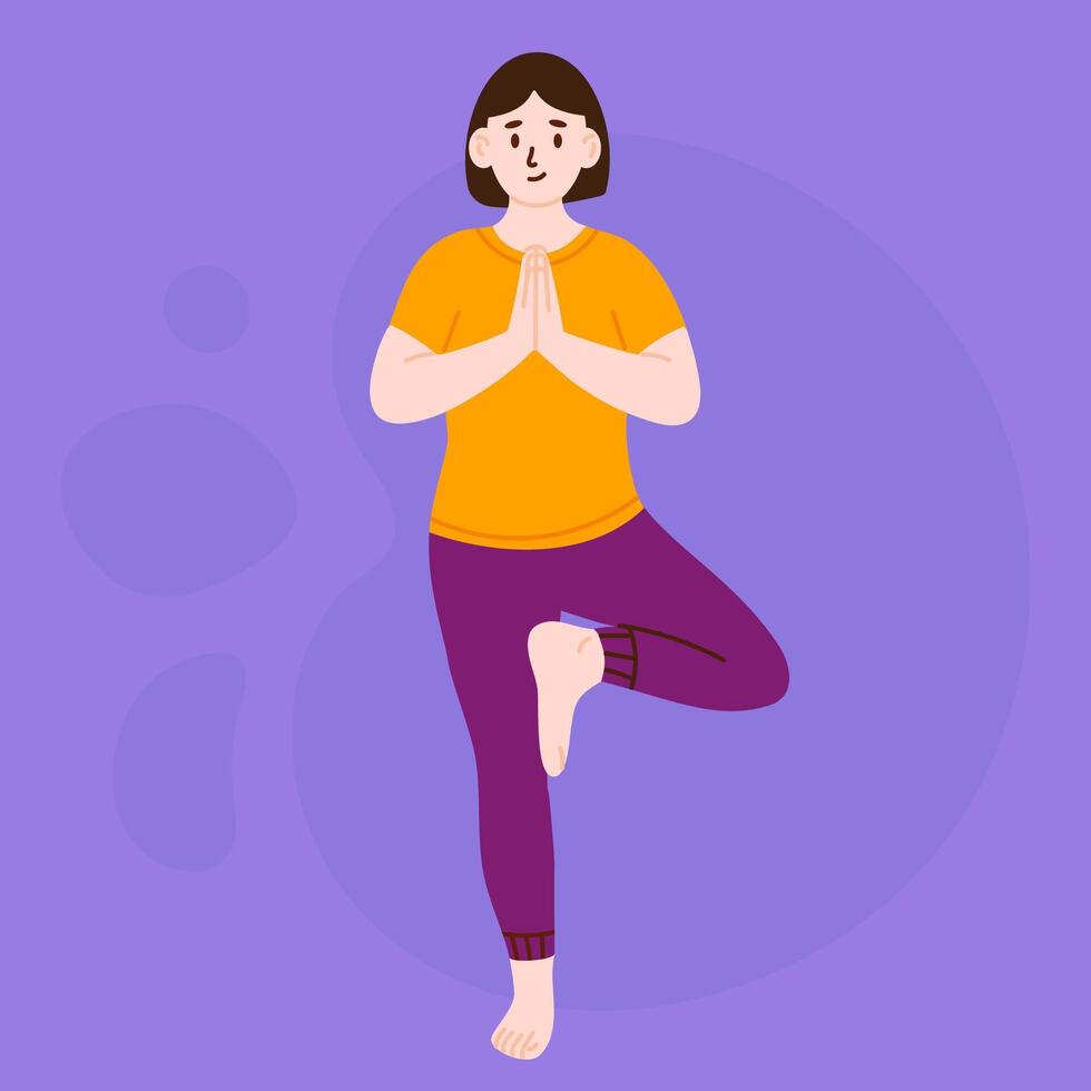 Woman balancing in yoga tree pose with hands together vector