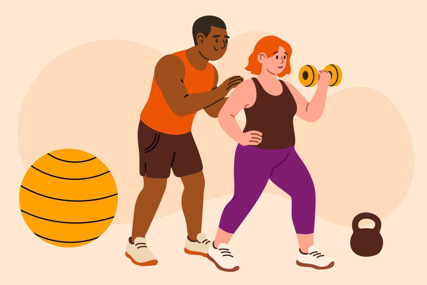 Woman lifting dumbbells with help of personal trainer during workout on beige background vector