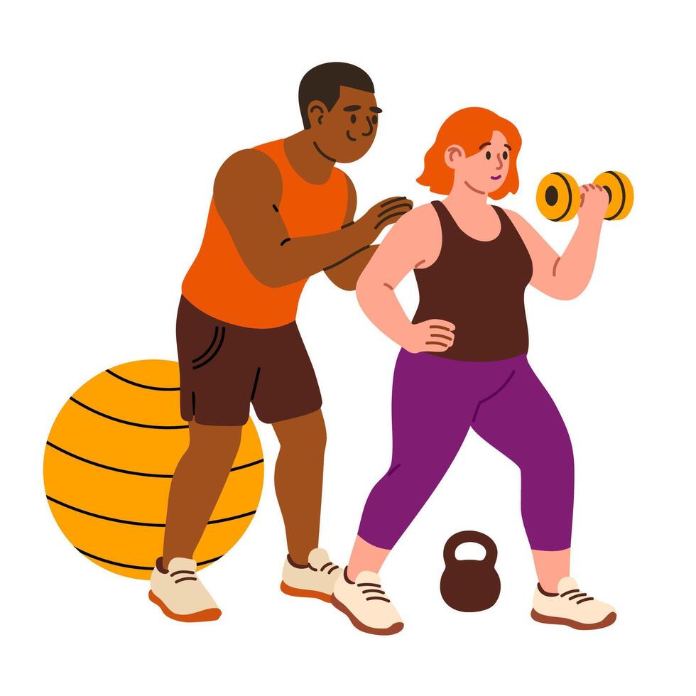 Woman lifting dumbbells with help of personal trainer during workout vector