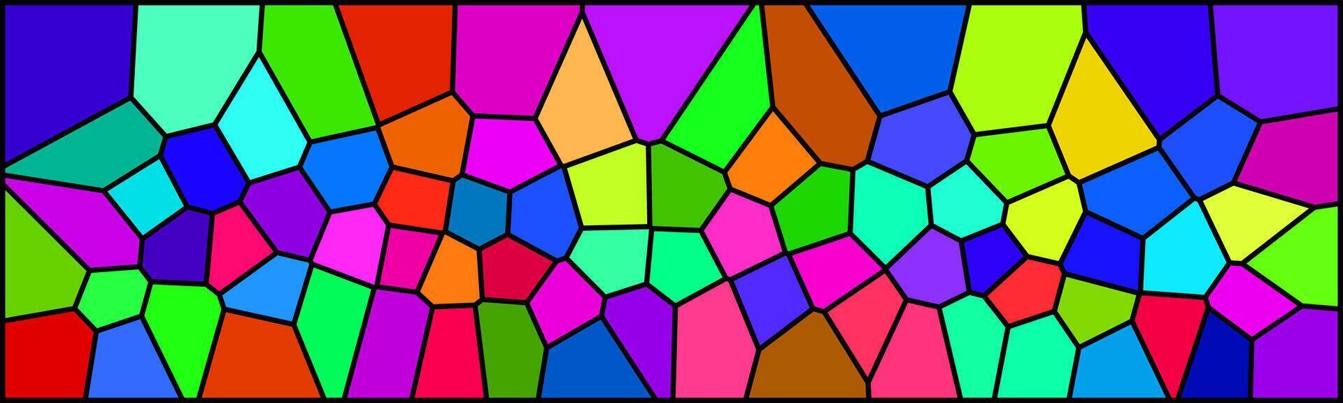 Vibrant abstract mosaic pattern with irregular polygon shapes in a variety of bold colors, resembling stained glass with black outlines and a playful, energetic design. vector