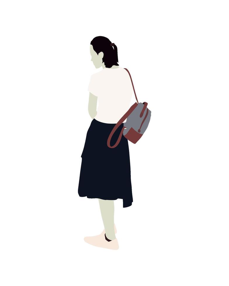 Flat art people and illustration, woman in a skirt with a backpack, back view vector