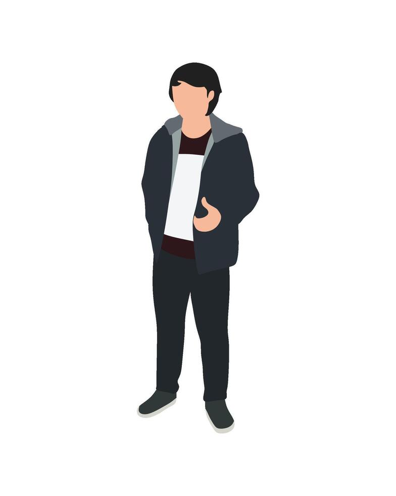 Flat art people and illustration, man in coat and casual black outfit standing casually vector