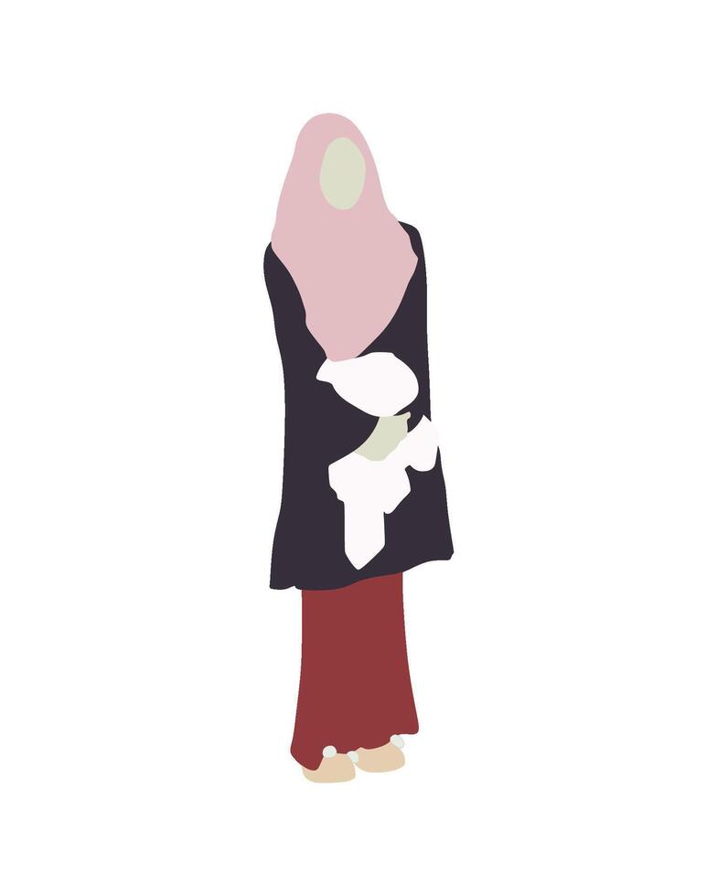 Flat art people and illustration, hijab woman holding white jacket with casual outfit and cute rabbit sandal vector
