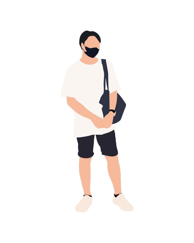 Flat art people and illustration, masked man holding totebag with white casual and short outfit vector