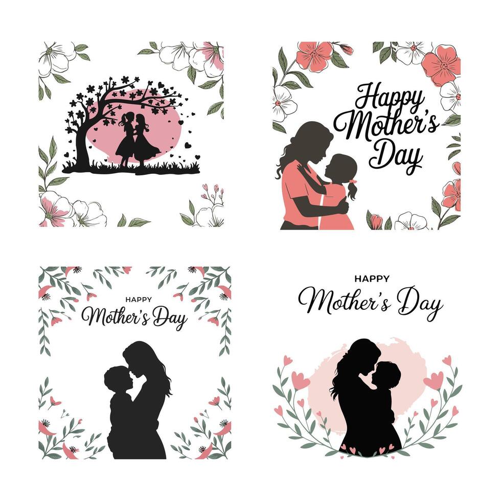 Happy Mother's Day Greeting Cards with Silhouette of Mother and Child with Floral Decoration vector