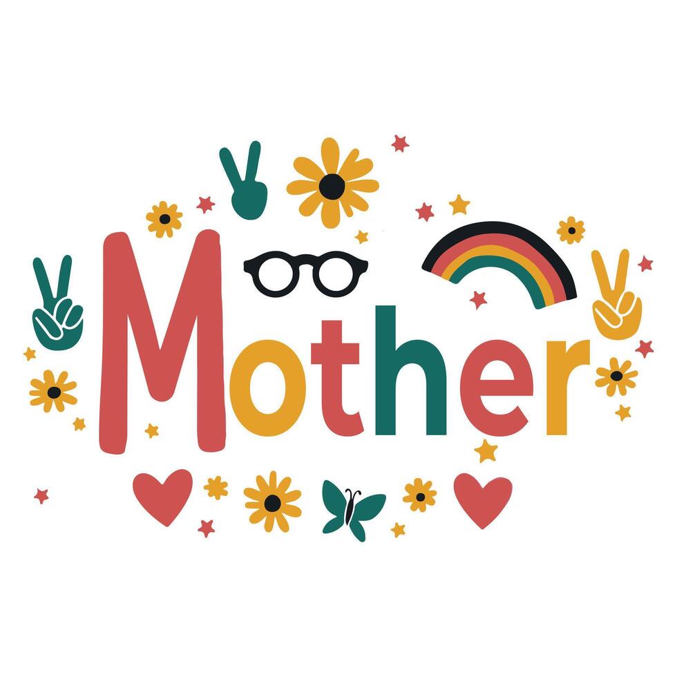 Mother with flowers, peace signs, rainbow, and hearts vector