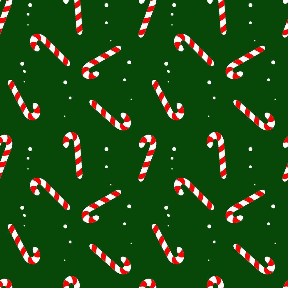 Christmas and New Year in flat style. Seamless texture of Christmas candies on a green background. Candy cane. vector