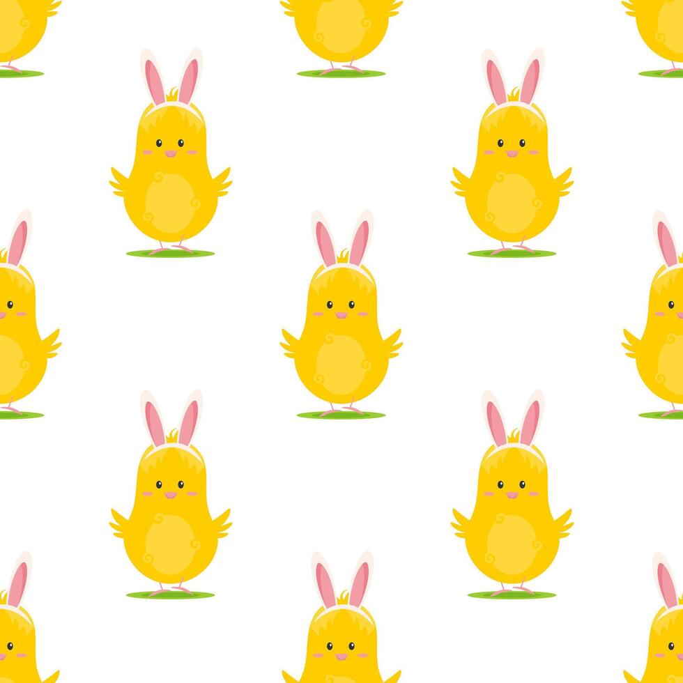 Seamless pattern with cute chick with bunny ears. vector