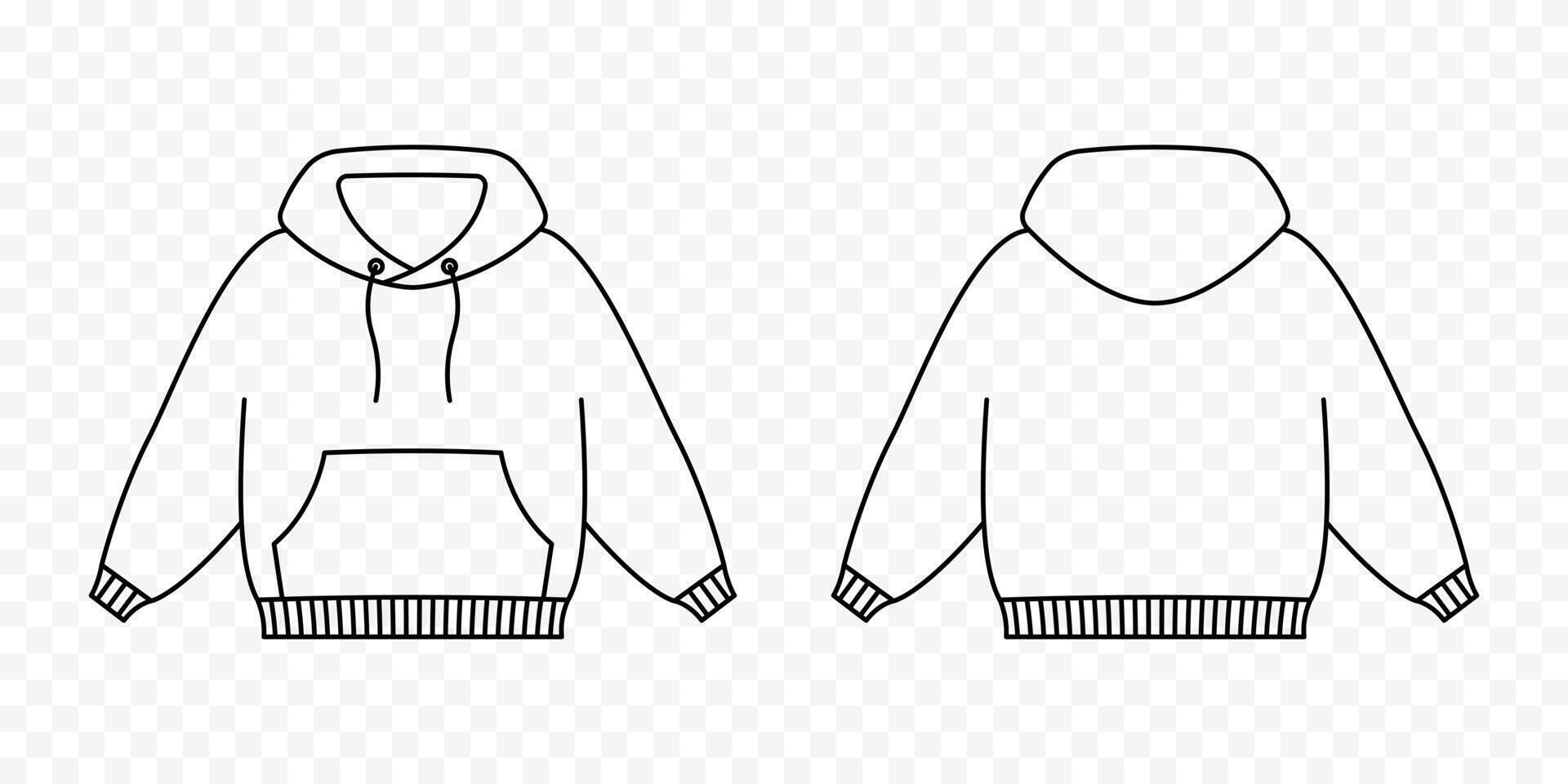 Hoodie front and back view with outline. Sweater white sleeves unisex with hood for everyday wear and sports vector