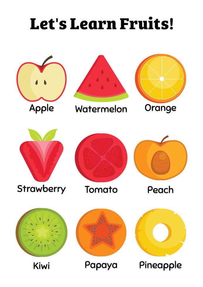 Colorful Fruits Poster for Kids Educational Wall Art for Preschool and Kindergarten Learning vector
