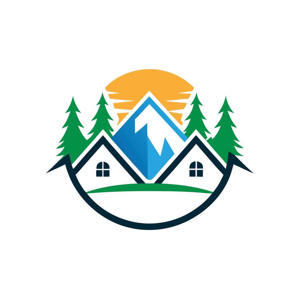 Stylized Circular Resort Logo Beach Scene with Palm, Waves, and Sun in Clean Design vector