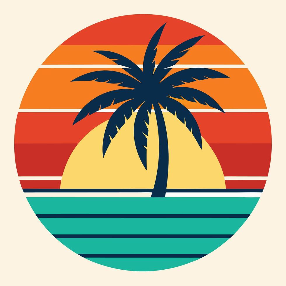 Tropical Sunset with Palm Trees Silhouette and Orange Sun Serene Beach Landscape Illustration vector