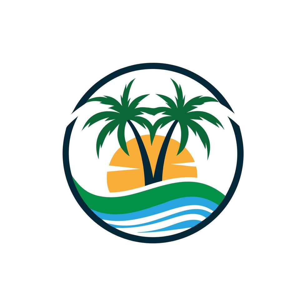 Orange Sun Setting Over Beach with Palm Trees Silhouette Scene for Relaxing Mood vector