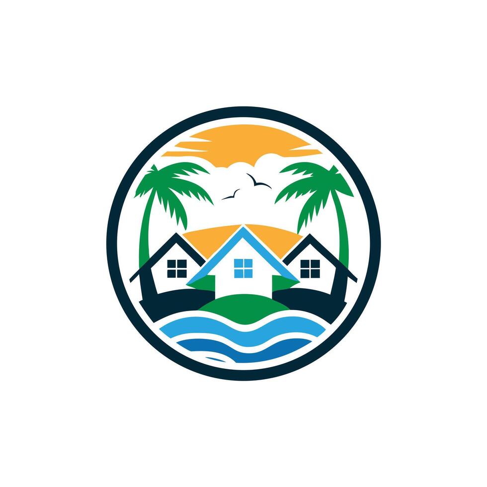 Circle Logo of Tropical Paradise Palm Tree and Ocean Elements in a Clean Design vector