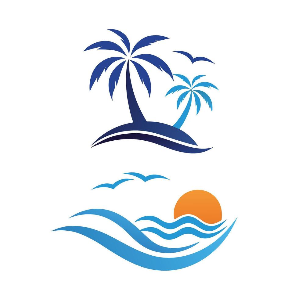 Beach Sunset Silhouettes Tropical Palm Trees in Circular Frame Design for Vacation Branding vector
