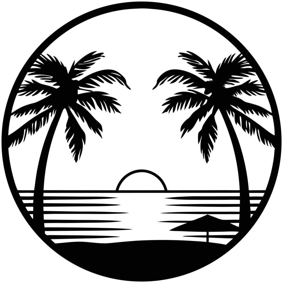 Tropical Beach Silhouette with Palm Trees Serene Paradise Sunset Illustration vector