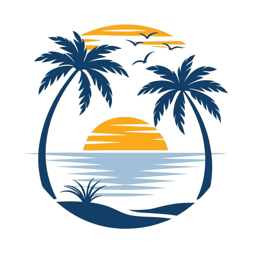 Tropical Beach Sunset Logo Palm Tree Silhouettes in Circular Frame for Vacation Branding vector