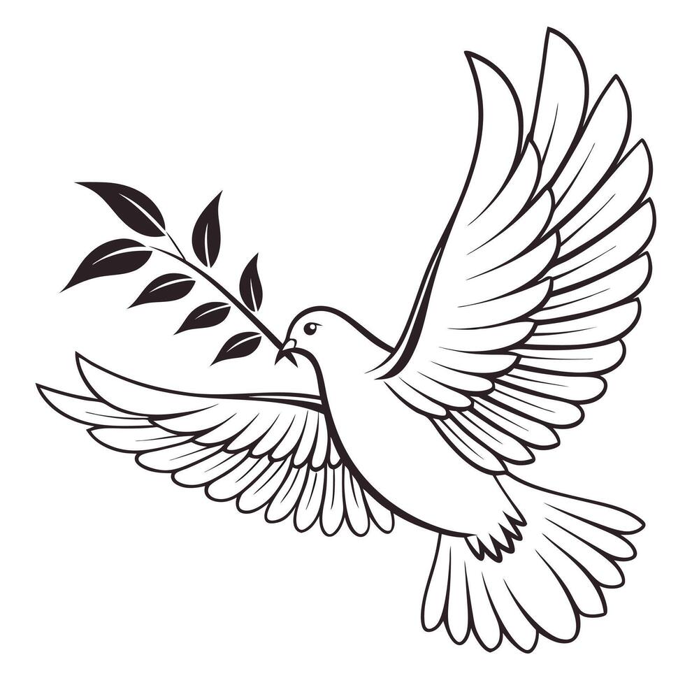 Peace Dove Silhouette Minimalist Black and White Design with Olive Branch Symbolism vector