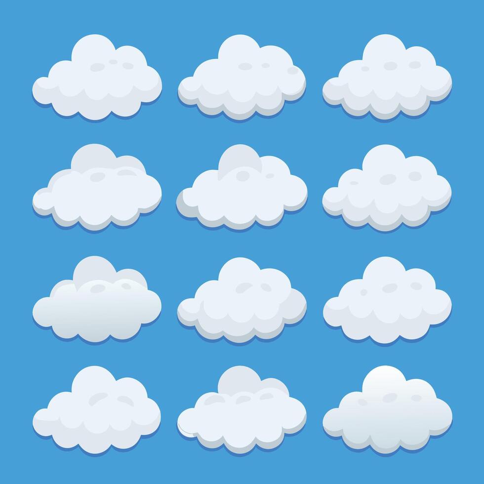 Adorable Set of Twelve White Fluffy Clouds Cartoon-Style for Illustrations, Posters, and Branding vector