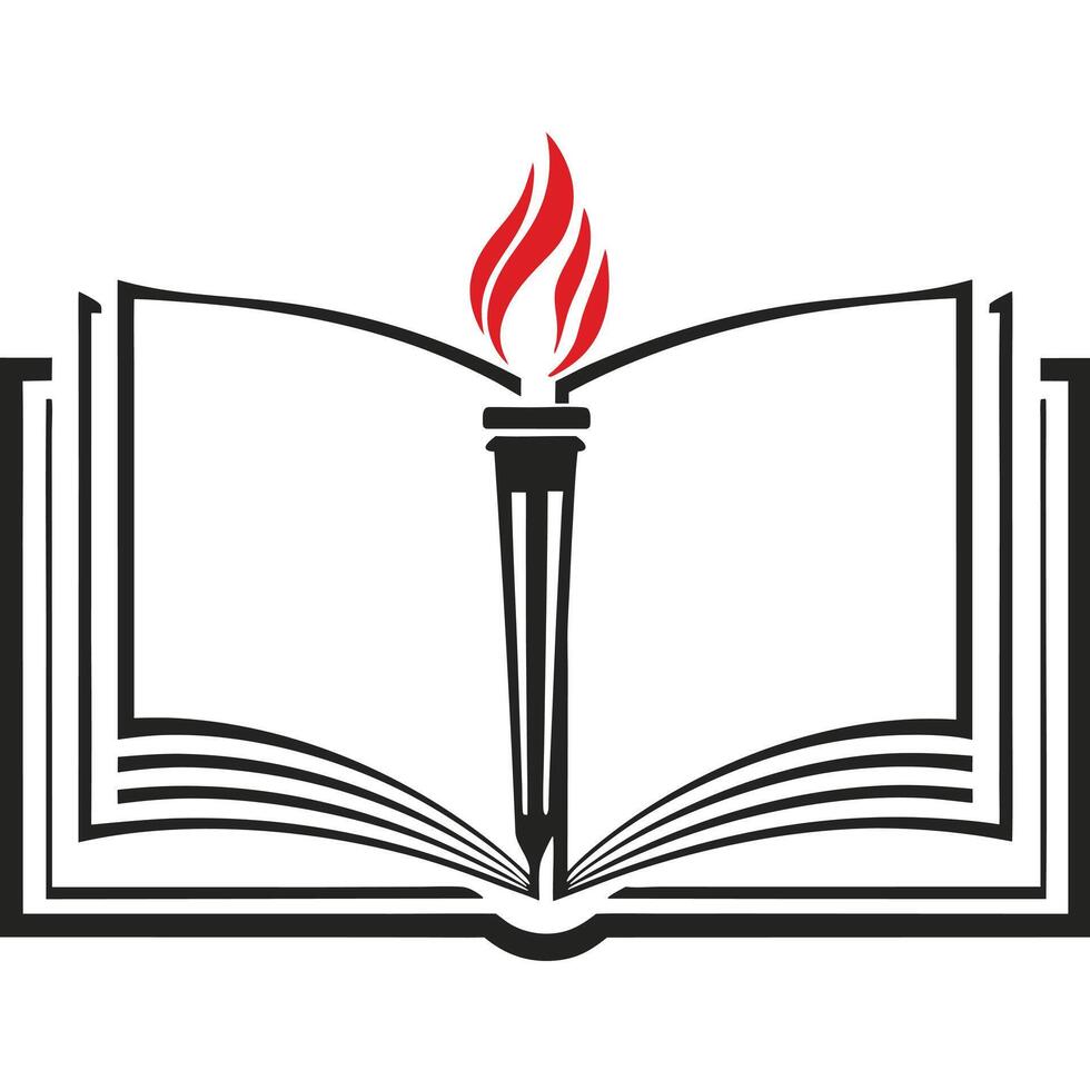 Open Book with Torch and Red Flame Black and White Symbolic for Knowledge and Power vector
