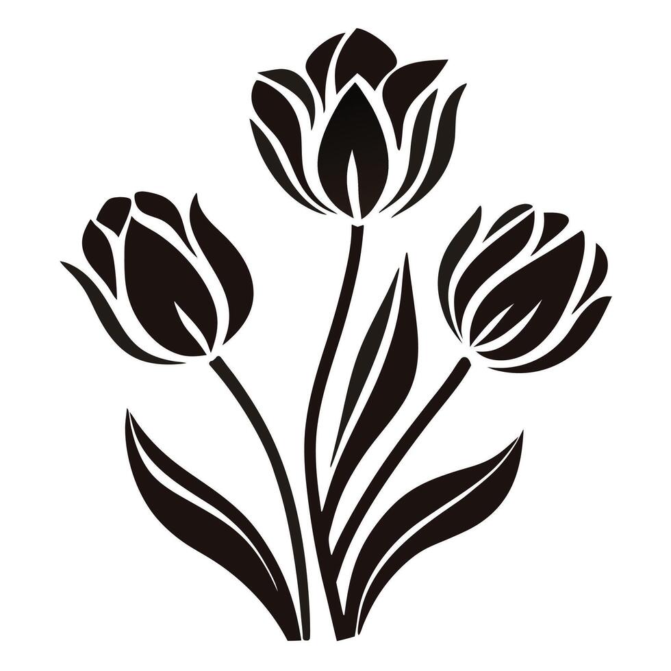 Stylized Tulip Flowers Black and White Silhouette for Botanical and Nature Design vector
