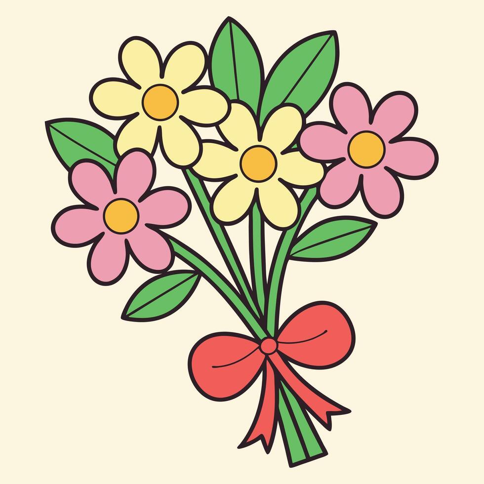 Simple Flower Bouquet With Ribbon Cute Cartoon Illustration vector