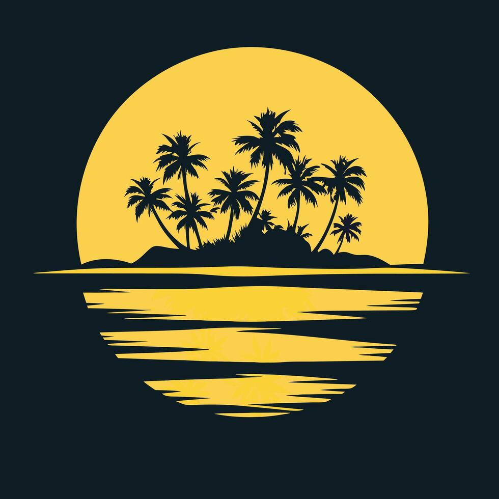 Tropical Island At Sunset With Palm Trees Silhouette And Ocean Reflection. vector